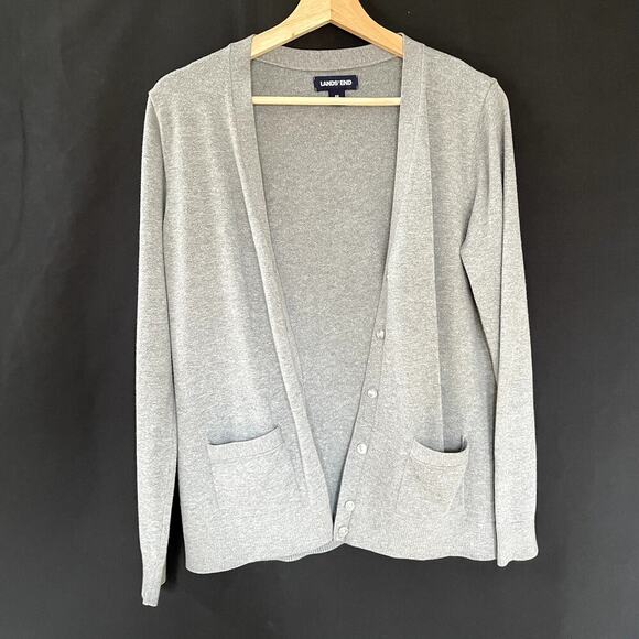 Lands' End gray knit cardigan women's size medium cotton modal sweater pockets - Picture 1 of 7